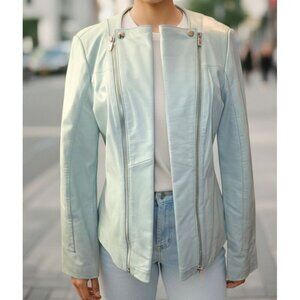 Neiman Marcus Exclusive Women’s Genuine Leather Jacket Large Aqua Mint Turquoise